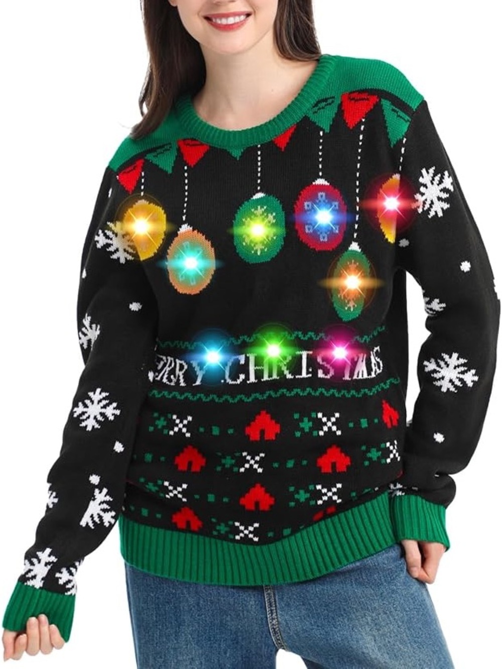 Merry Christmas Light Up Ornament Knit Sweater Green Black Sz M